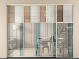 Алюминевая перегородка vntl4_2 Алюминий бежево-серый Четыре стекла. Цвет Алюминий бежево-серый. Материал Алюминий в эмали. Коллекция Перегородка Mosaic внутри проёма 4 створки с синхронным механизмом. Картинка.