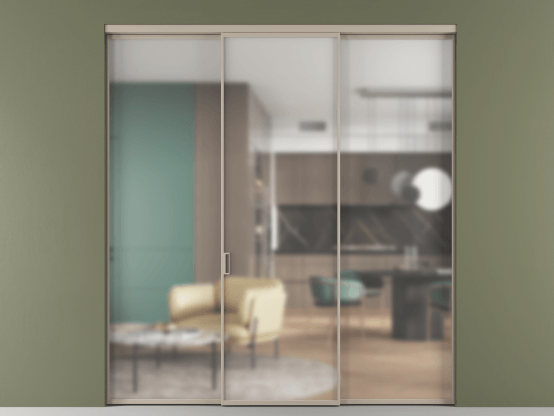 Алюминевая перегородка АЛПР 040.01_АБСК_Matelux Crystalvision_new. Цвет Алюминий бисквитный. Материал Алюминий в эмали. Коллекция Перегородка Формато внутри проёма 3 створки. Картинка.