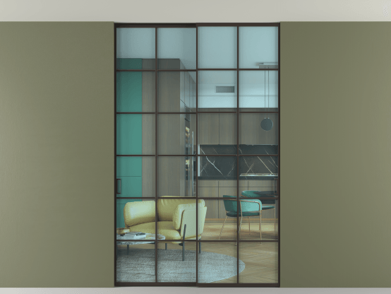 Алюминевая перегородка АЛПР 040.05_ААН_ПРОЗ ГОЛ_new. Цвет Алюминий антрацит. Материал Алюминий в эмали. Коллекция Перегородка Formato внутри проёма скрытое крепление в потолок 2 створки. Картинка.