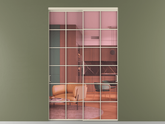 Алюминевая перегородка vn2_05_ Алюминий бежево-серый Прозрачное розовое стекло, триплекс, 6мм. Цвет Алюминий бежево-серый. Материал Алюминий в эмали. Коллекция Перегородка Formato внутри проёма 2 створки. Картинка.