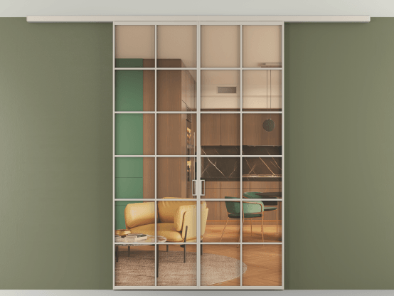 Алюминевая перегородка АЛПР 040.05_АСБЖ_ПРОЗ ОРАНЖ_new. Цвет Алюминий светло-бежевый. Материал Алюминий в эмали. Коллекция Перегородка Formato вдоль стены на потолок 2 створки. Картинка.