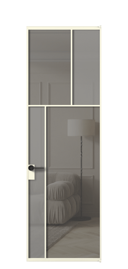 Дверь межкомнатная АЛПЛ041.22 АМБ Серый сатин матовое + Серый прозрачное. Цвет Алюминий молочно-белый. Материал Алюминий в эмали. Коллекция Mosaic. Картинка.