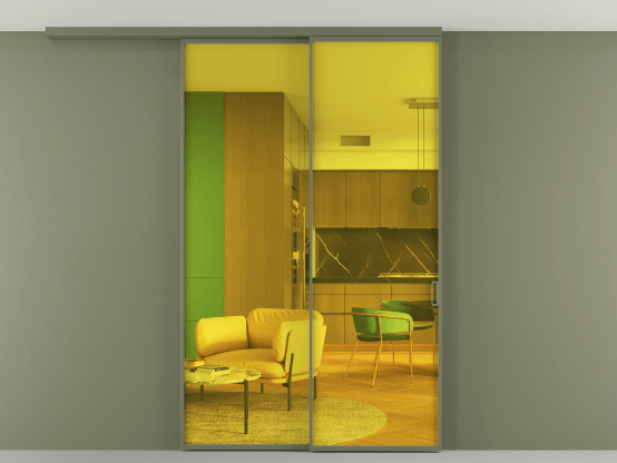 Алюминевая перегородка АЛПР 040.01_АОТ_ПРОЗ ЖЕЛ_new. Цвет Алюминий оливковый тёмный. Материал Алюминий в эмали. Коллекция Перегородка Formato вдоль стены на потолок 2 створки с синхронным механизмом. Картинка.