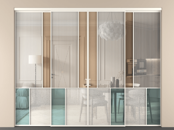 Алюминевая перегородка vnt4_1 Алюминий пудровый белый Четыре стекла. Цвет Алюминий пудровый белый. Материал Алюминий в эмали. Коллекция Перегородка Mosaic внутри проёма 4 створки. Картинка.