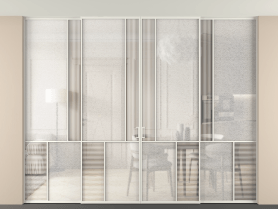 Алюминевая перегородка vntp4_1 БЕЛ. Цвет Алюминий Белый. Материал Алюминий. Коллекция Перегородка Mosaic внутри проёма скрытое крепление в потолок 4 створки. Картинка.