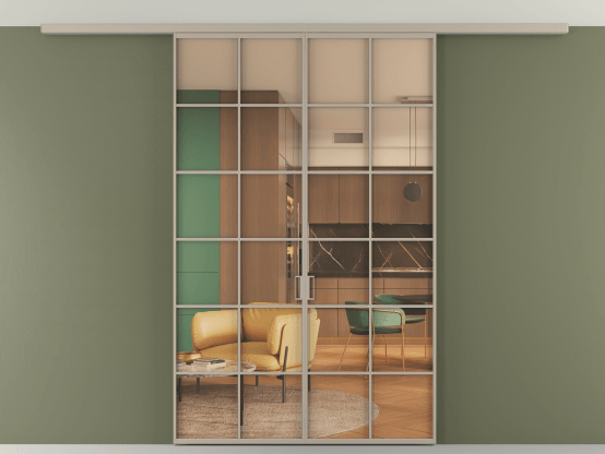 Алюминевая перегородка АЛПР 040.05_АБСК_ПРОЗ ОРАНЖ_new. Цвет Алюминий бисквитный. Материал Алюминий в эмали. Коллекция Перегородка Formato вдоль стены на потолок 2 створки. Картинка.