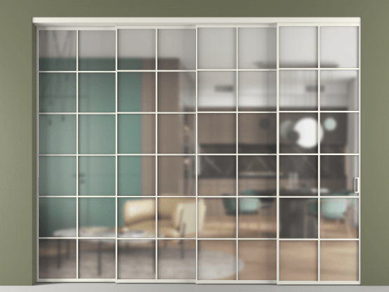 Алюминевая перегородка vn4_05 Matelux Crystalvision БЕЛ. Цвет Алюминий Белый. Материал Алюминий. Коллекция Перегородка Formato внутри проёма 4 створки с синхронным механизмом. Картинка.