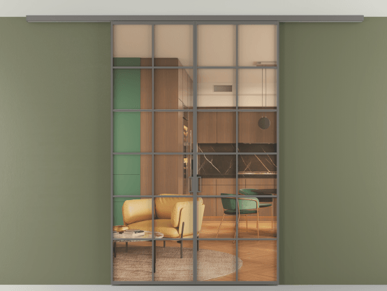 Алюминевая перегородка АЛПР 040.05_АКЛС_ПРОЗ ОРАНЖ_new. Цвет Алюминий классический серый. Материал Алюминий в эмали. Коллекция Перегородка Formato вдоль стены на потолок 2 створки. Картинка.