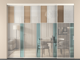 Алюминевая перегородка vntl4_2 Алюминий пудровый белый Четыре стекла. Цвет Алюминий пудровый белый. Материал Алюминий в эмали. Коллекция Перегородка Mosaic внутри проёма 4 створки с синхронным механизмом. Картинка.